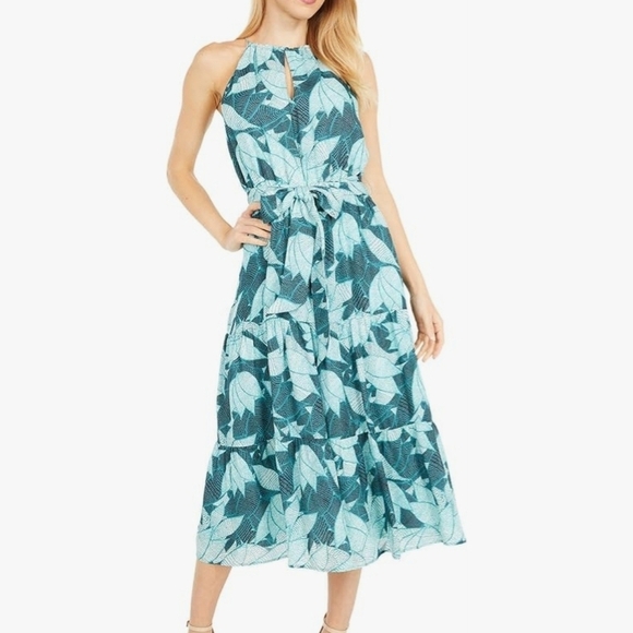 NWT Parker 100% Silk Teal Leaf Print Halter Midi Dress - Large - Picture 1 of 10